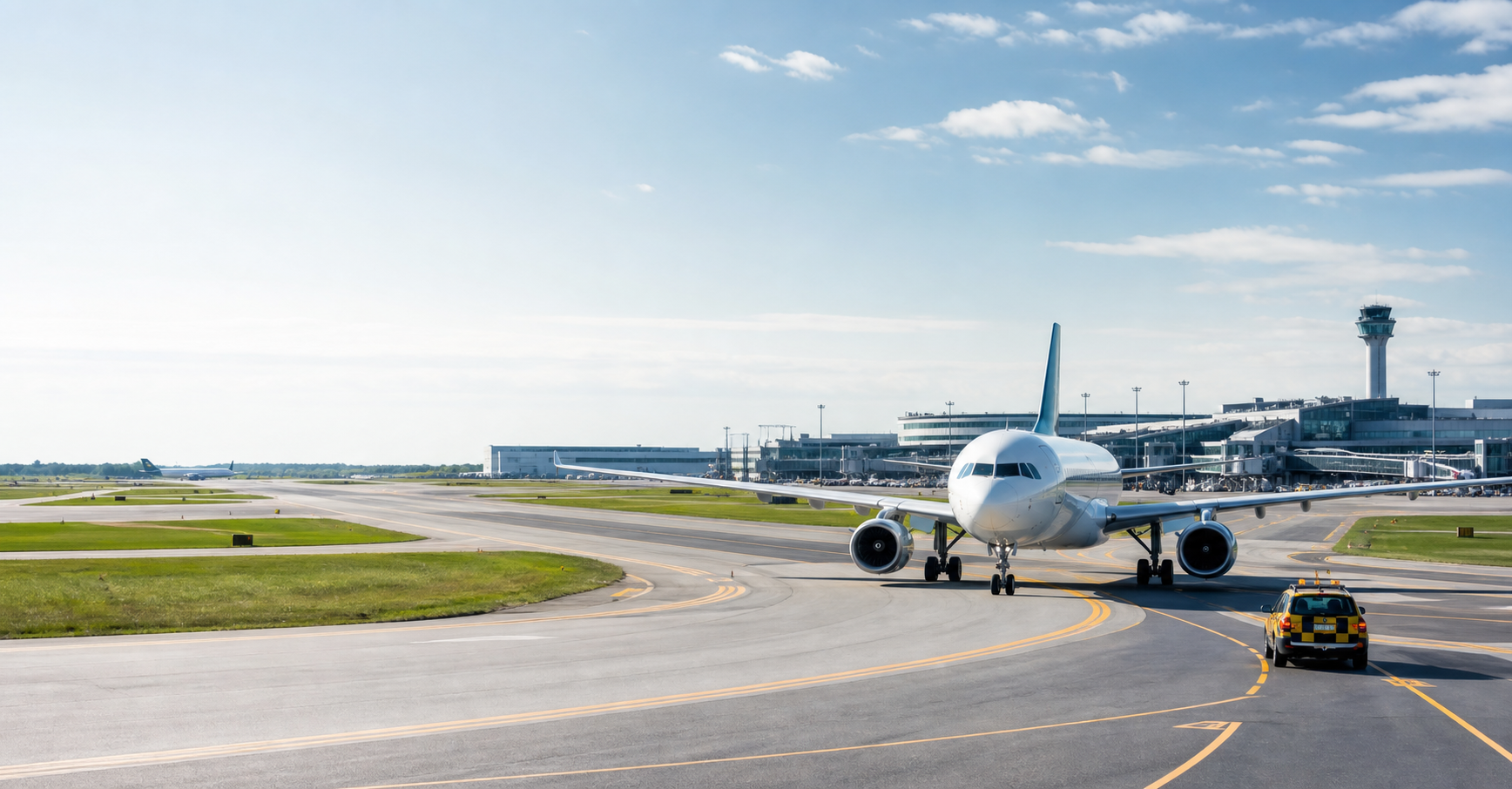 Bright daytime airport surface operations with an aircraft taxiing in the distance.